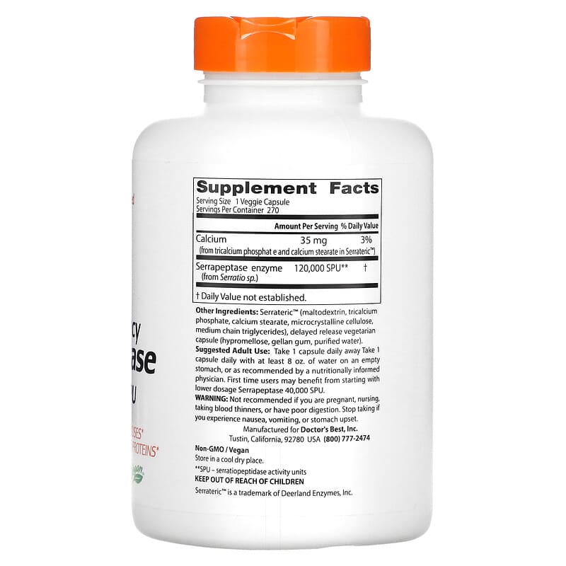 Doctor's Best, High Potency Serrapeptase, 120,000 SPU, 270 Veggie Caps 753950003071