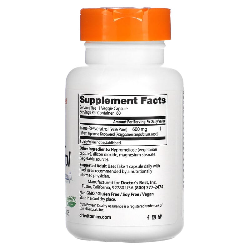 Doctor's Best, High Potency Trans-Resveratrol 600, 600 mg, 60 Veggie Caps 753950004160