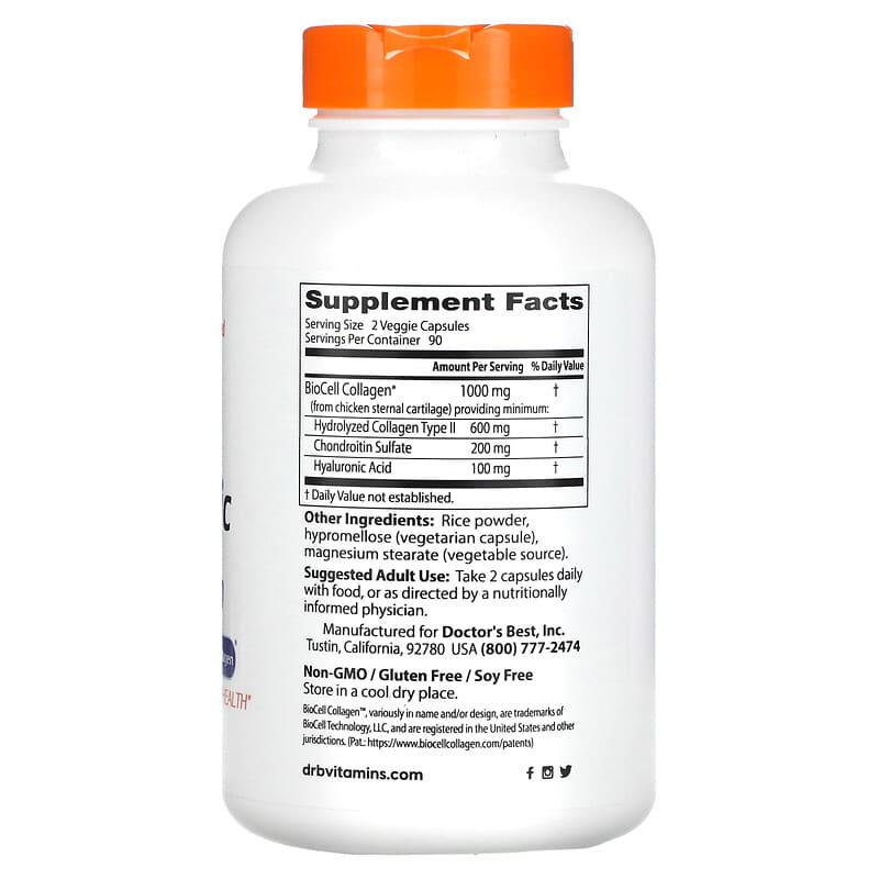 Doctor's Best, Hyaluronic Acid + Chondroitin Sulfate with BioCell Collagen, 180 Veggie Capsules 753950002289