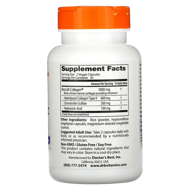 Doctor's Best, Hyaluronic Acid + Chondroitin Sulfate with BioCell Collagen, 60 Veggie Caps 753950001466