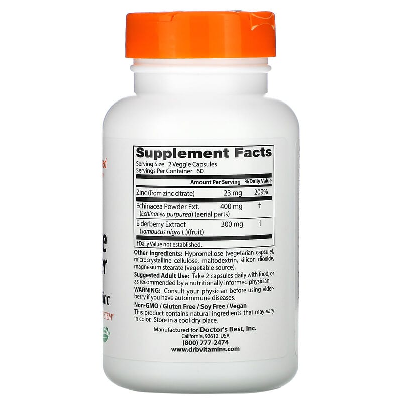 Doctor's Best, Immune Booster with Echinacea, Elderberry & Zinc, 120 Veggie Caps 753950005211