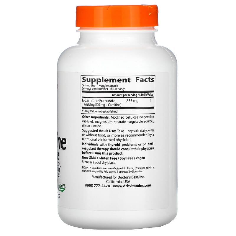 Doctor's Best, L-Carnitine Fumarate with Biosint Carnitines, 855 mg, 180 Veggie Caps 753950001541