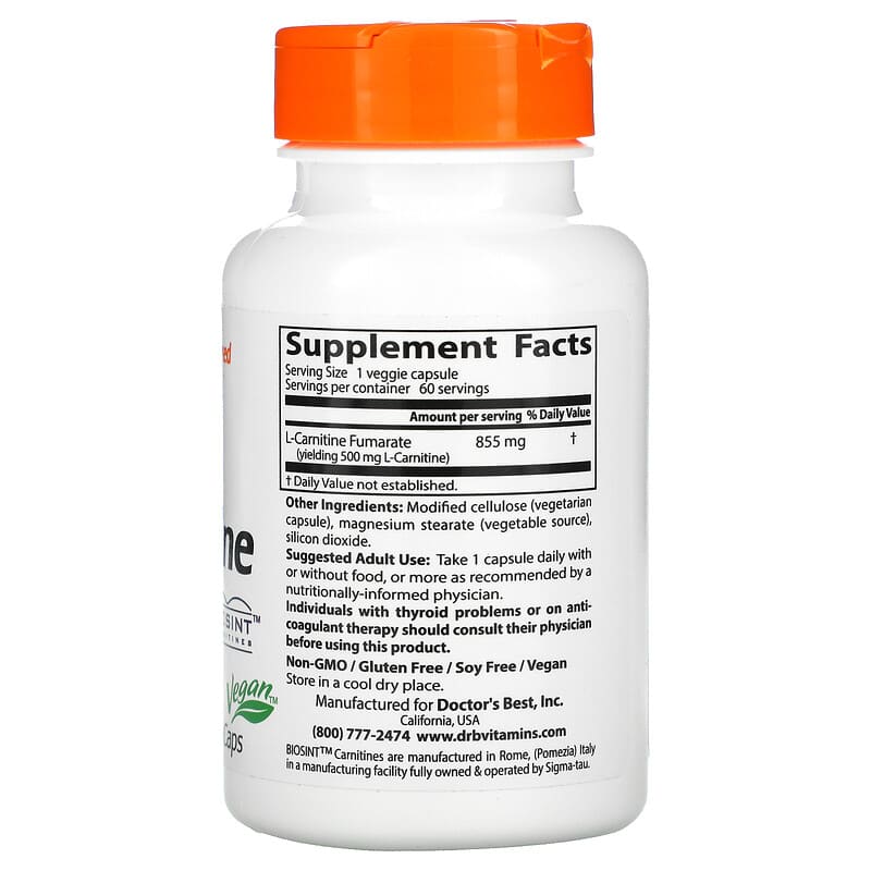 Doctor's Best, L-Carnitine Fumarate with Biosint Carnitines, 855 mg, 60 Veggie Caps 753950001060