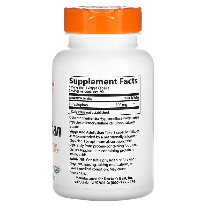 Doctor's Best, L-Tryptophan , 500 mg, 90 Veggie Caps 753950001268