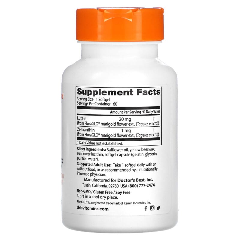 Doctor's Best, Lutein with FloraGlo Lutein, 20 mg, 60 Softgels 753950001923