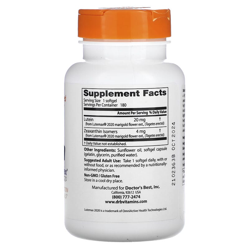 Doctor's Best, Lutein with Lutemax 2020, 20 mg, 180 Softgels 753950003705