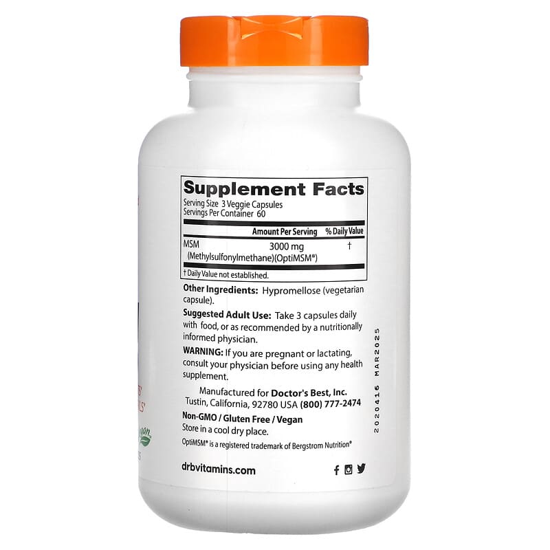 Doctor's Best, MSM with OptiMSM, 1,000 mg, 180 Veggie Caps 753950003316