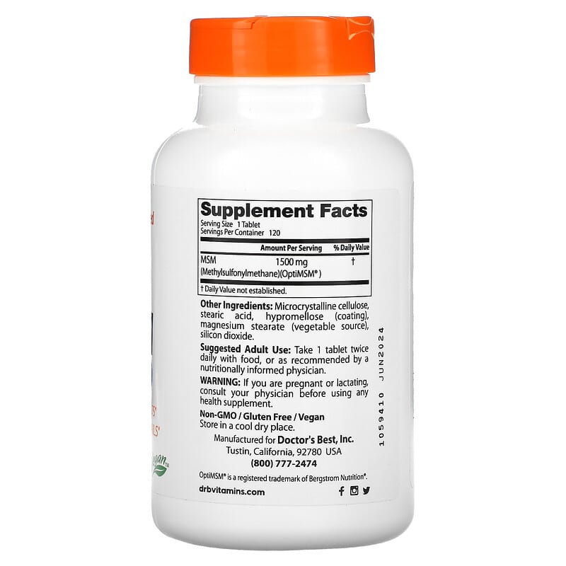 Doctor's Best, MSM with OptiMSM, 1,500 mg, 120 Tablets 753950000971