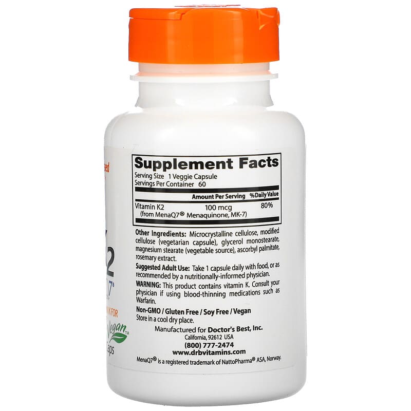 Doctor's Best, Natural Vitamin K2 MK-7 with MenaQ7, 100 mcg, 60 Veggie Caps 753950003347