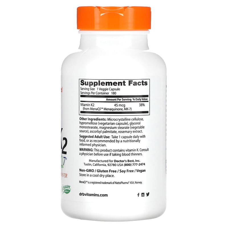 Doctor's Best, Natural Vitamin K2 MK-7 with MenaQ7, 45 mcg, 180 Veggie Caps 753950003569