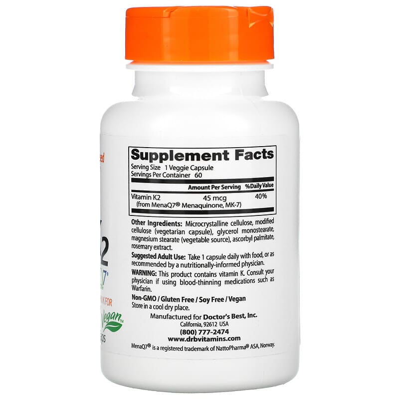 Doctor's Best, Natural Vitamin K2 MK-7 with MenaQ7, 45 mcg, 60 Veggie Caps 753950001985