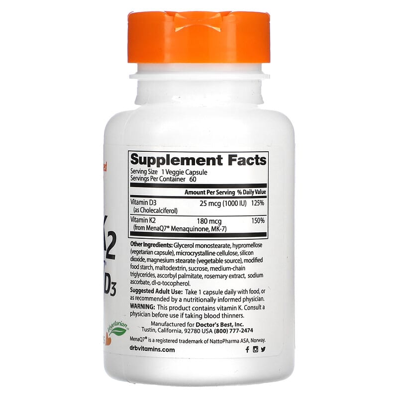 Doctor's Best, Natural Vitamin K2 MK-7 with MenaQ7 plus D3, 180 mcg, 60 Veggie Caps 753950004047