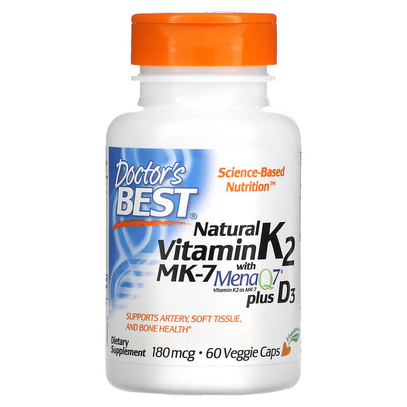 Doctor's Best Natural Vitamin K2 MK-7 with MenaQ7 plus D3 180 mcg 60 Veggie Caps 753950004047