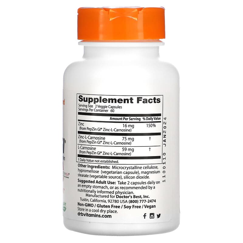 Doctor's Best, PepZin GI, Zinc-L-Carnosine Complex, 120 Veggie Caps 753950001367