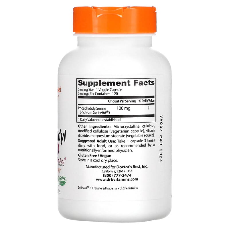 Doctor's Best, Phosphatidyl Serine with SerinAid, 100 mg, 120 Veggie Caps 753950002203