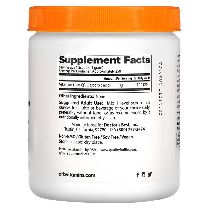 Doctor's Best, Pure Vitamin C Powder with Q-C, 8.8 oz (250 g) 753950003330