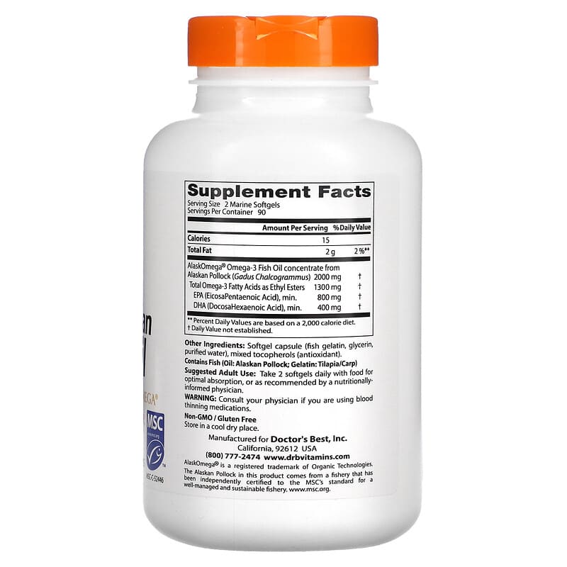 Doctor's Best, Pure Wild Alaskan Fish Oil with AlaskOmega, 1,000 mg, 180 Marine Softgels 753950004177