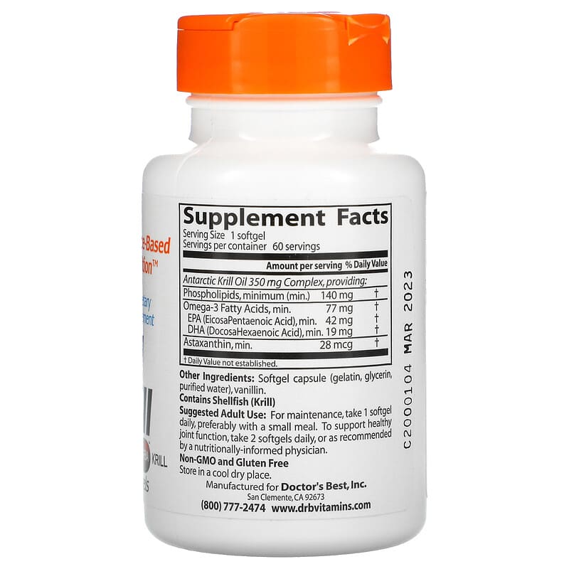 Doctor's Best, Real Krill, 350 mg, 60 Softgel 753950002241