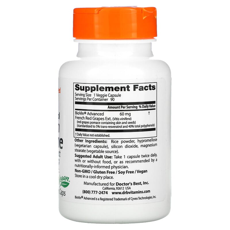 Doctor's Best, Resveratrol French Red Wine Grape Extract, 60 mg, 90 Veggie Caps 753950000582