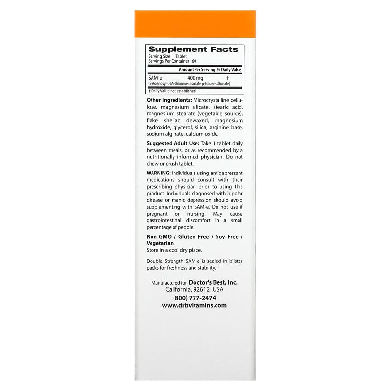 Doctor's Best, SAM-e, Double Strength (Disulfate Tosylate), 400 mg, 60 Enteric Coated Tablets 753950002524