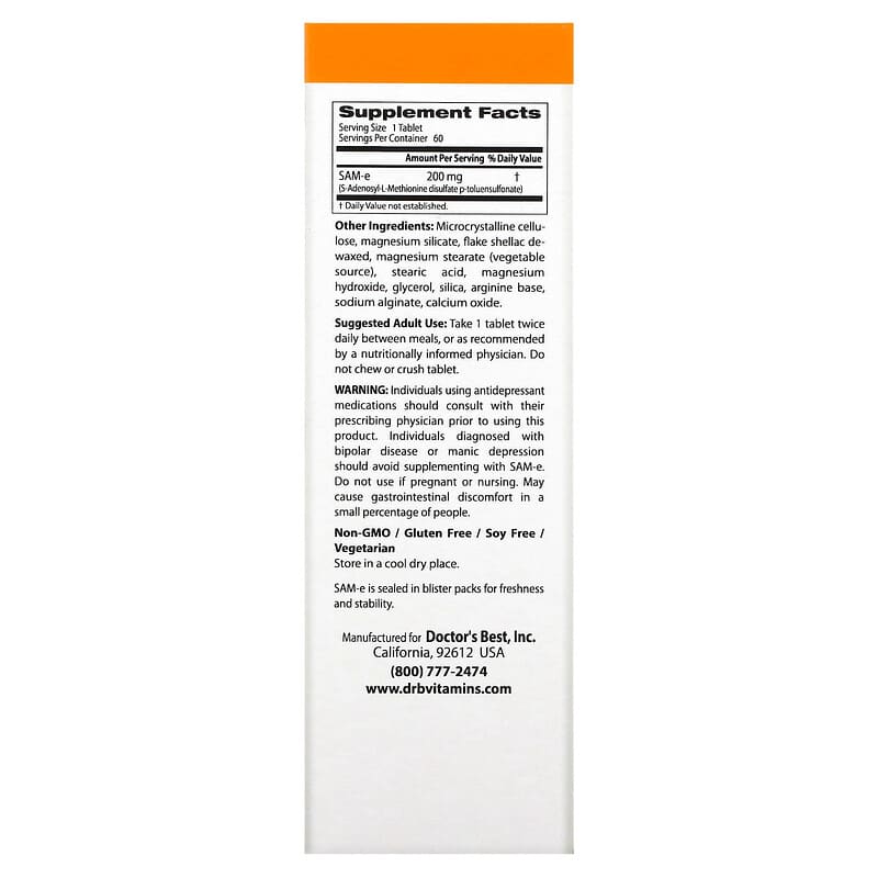 Doctor's Best, SAMe (Disulfate Tosylate), 200 mg, 60 Enteric Coated Tablets 753950002067