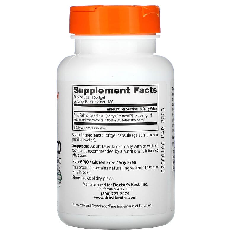 Doctor's Best, Saw Palmetto, Standardized Extract, 320 mg, 180 Softgels 753950002722