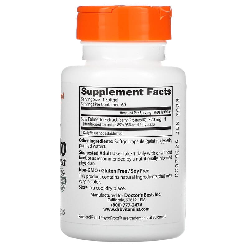Doctor's Best, Saw Palmetto with Prosterol, Standardized Extract, 320 mg, 60 Softgels 753950000827