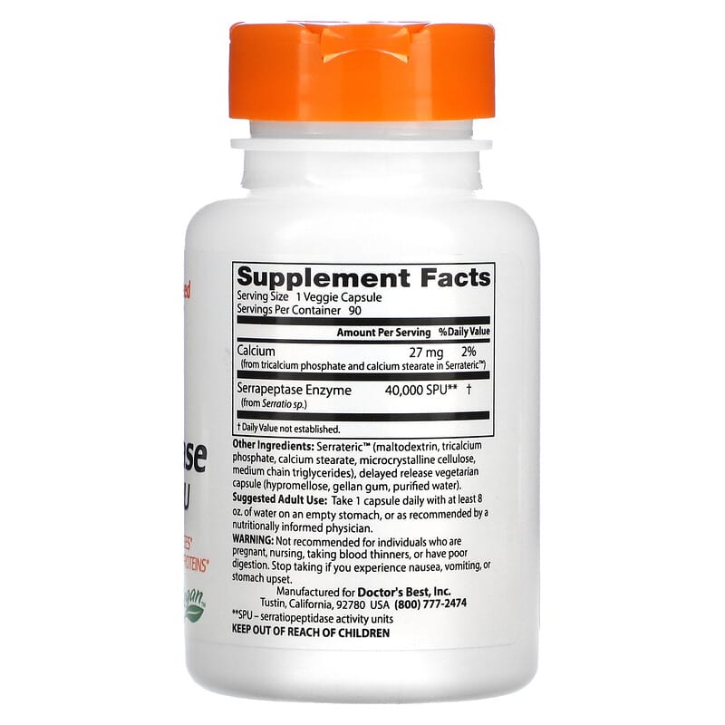 Doctor's Best, Serrapeptase, 40,000 SPU, 90 Veggie Caps 753950001497