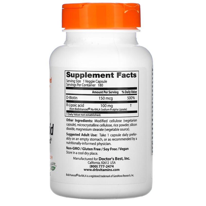 Doctor's Best, Stabilized R-Lipoic Acid with BioEnhanced Na-RALA, 100 mg, 180 Veggie Caps 753950002296