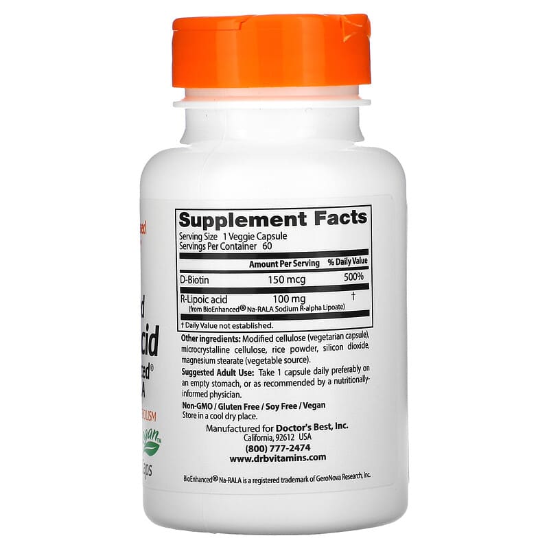 Doctor's Best, Stabilized R-Lipoic Acid with BioEnhanced Na-RALA, 100 mg, 60 Veggie Caps 753950001237