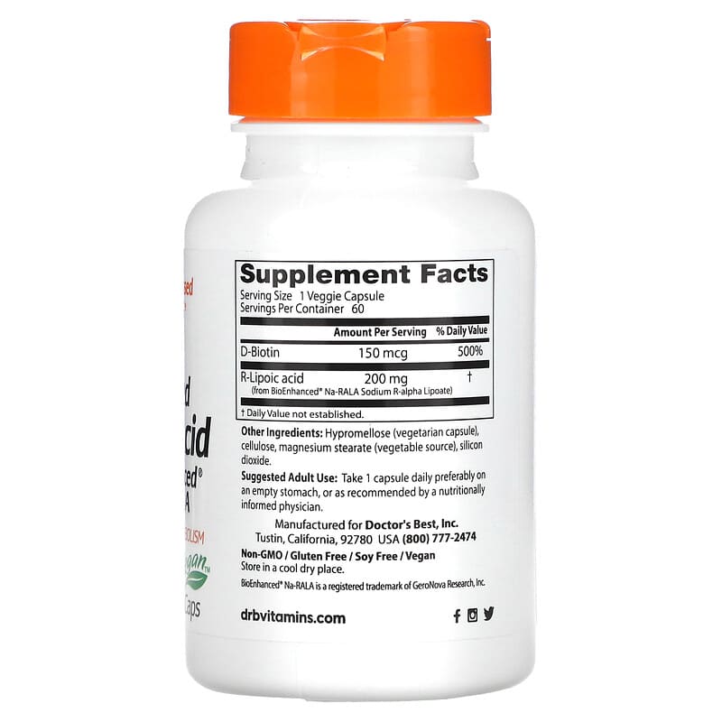 Doctor's Best, Stabilized R-Lipoic Acid with BioEnhanced Na-RALA, 200 mg, 60 Veggie Caps 753950002784