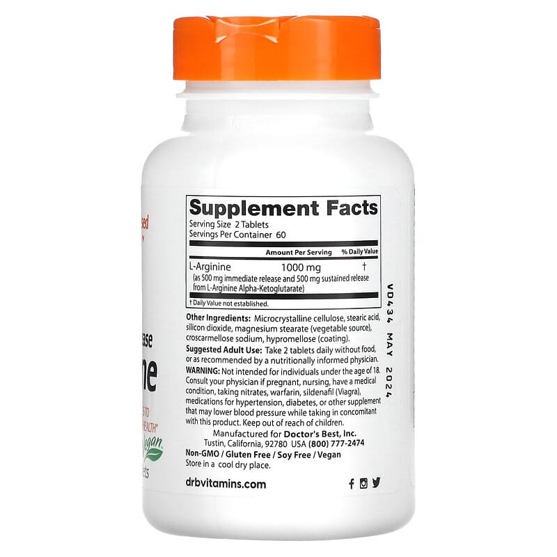 Doctor's Best, Sustained Plus Immediate Release L-Arginine, 500 mg, 120 Bilayer Tablets 753950002005