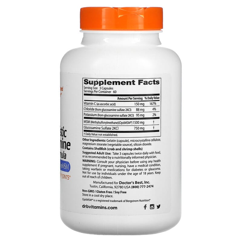 Doctor's Best, Synergistic Glucosamine MSM Formula with OptiMSM, 180 Capsules 753950000704