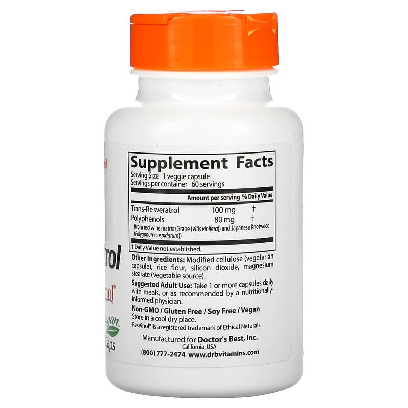 Doctor's Best, Trans-Resveratrol 100 with ResVinol, 100 mg, 60 Veggie Caps 753950001718