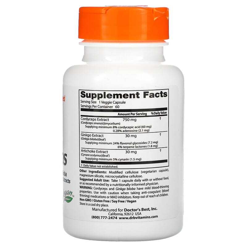 Doctor's Best, Ultra Cordyceps Plus with Ginkgo Biloba and Artichoke Extracts, 60 Veggie Caps 753950000988