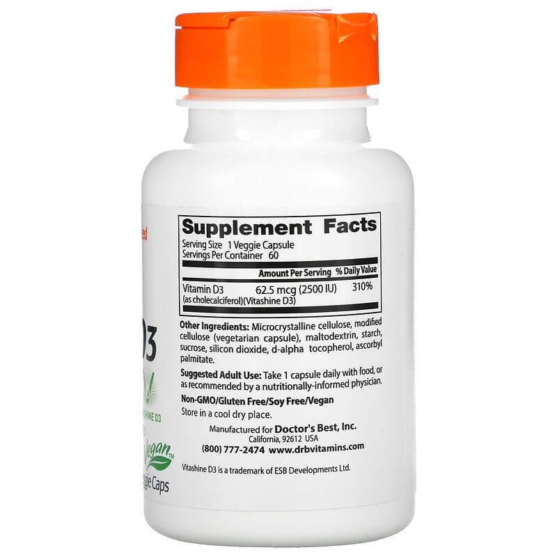 Doctor's Best, Vegan D3 with Vitashine D3, 2,500 IU, 60 Veggie Caps 753950003026