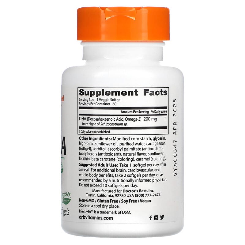 Doctor's Best, Vegan DHA from Algae with Life's DHA, 200 mg, 60 Veggie Softgels 753950002968