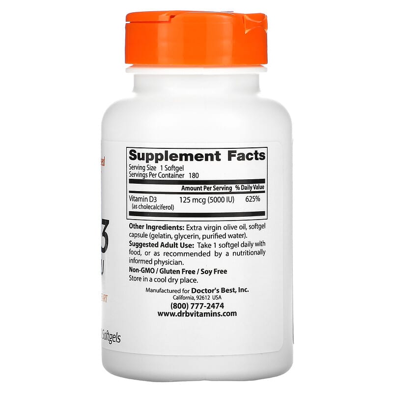 Doctor's Best, Vitamin D3, 125 mcg (5,000 IU), 180 Softgels 753950002180