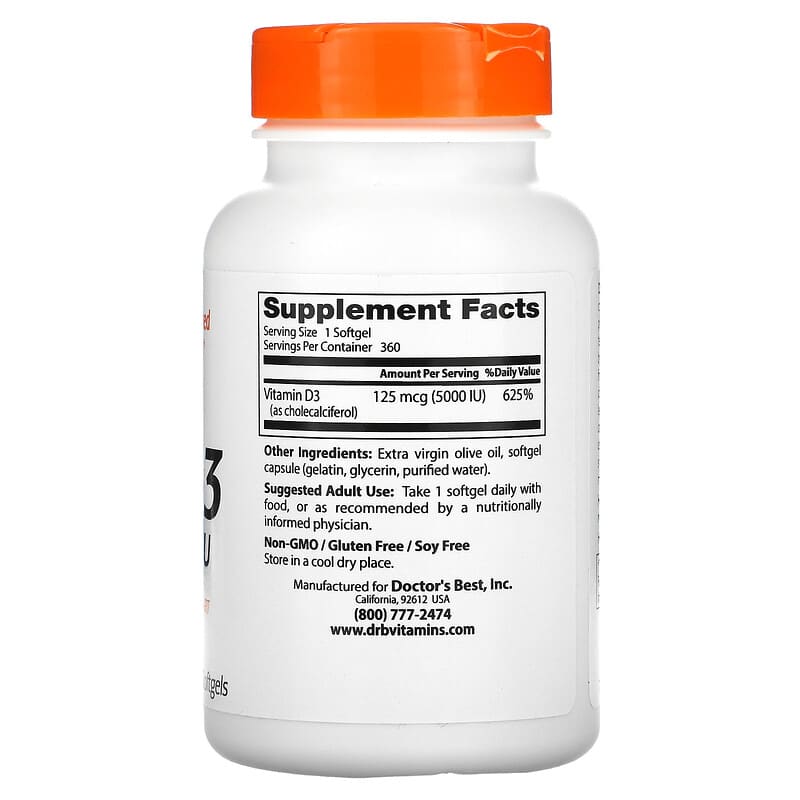 Doctor's Best, Vitamin D3, 125 mcg (5,000 IU), 360 Softgels 753950002500