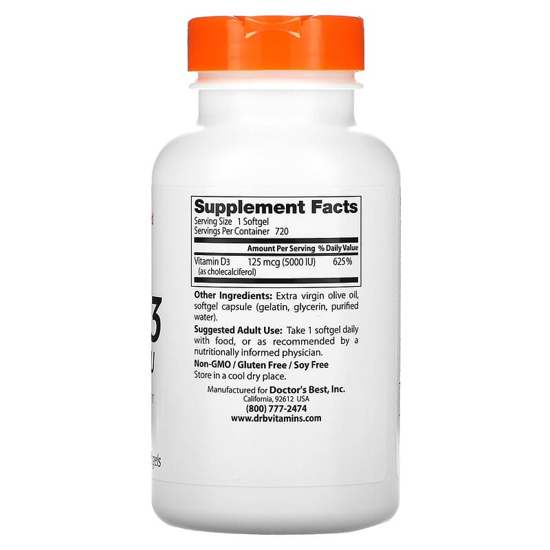 Doctor's Best, Vitamin D3, 125 mcg (5,000 IU), 720 Softgels 753950003637