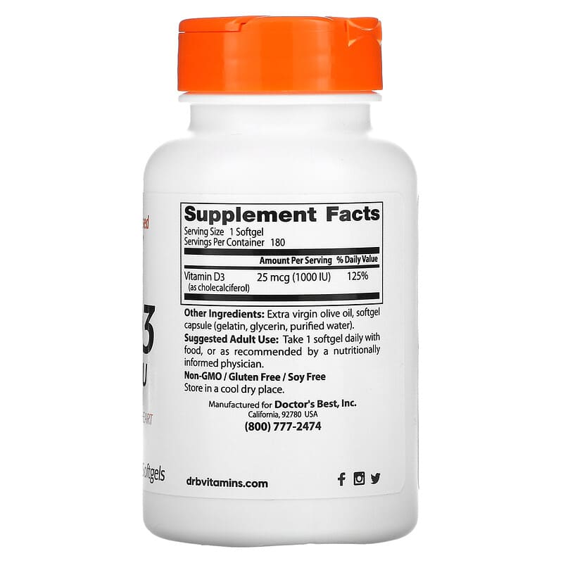 Doctor's Best, Vitamin D3, 25 mcg (1,000 IU), 180 Softgels 753950002098