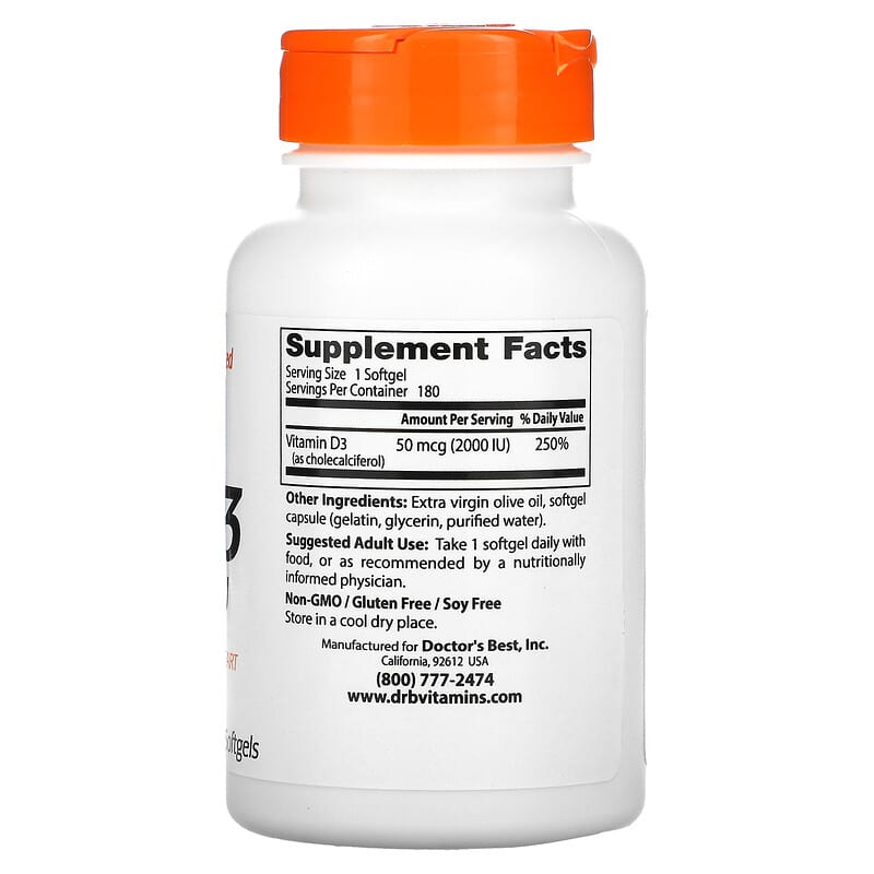 Doctor's Best, Vitamin D3, 50 mcg (2,000 IU), 180 Softgels 753950002104