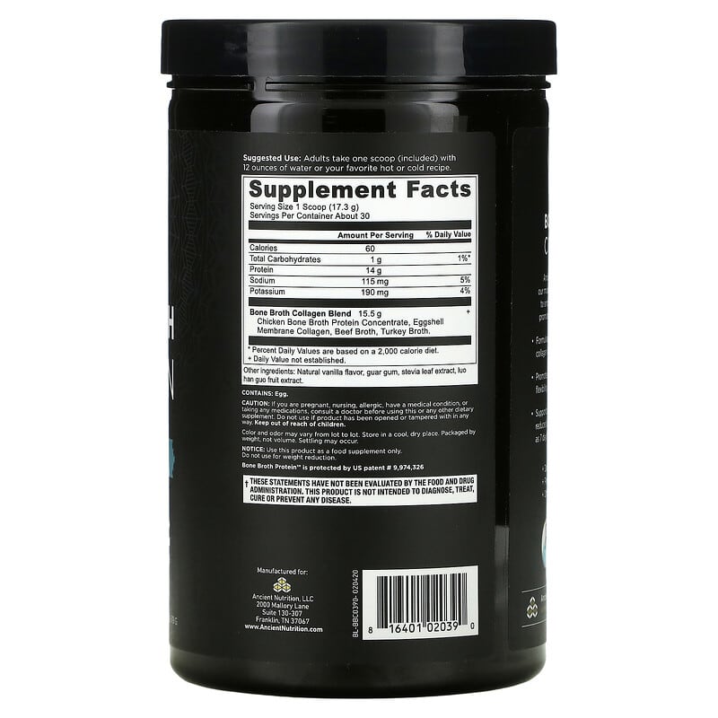 Dr. Axe / Ancient Nutrition, Bone Broth Collagen, Vanilla, 1.1 lbs (519 g) 816401020390