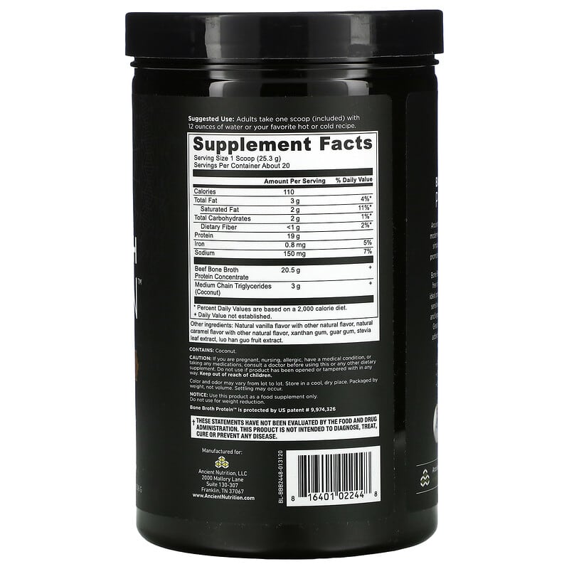 Dr. Axe / Ancient Nutrition, Bone Broth Protein, Salted Caramel, 1.12 lb (506 g) 816401022448