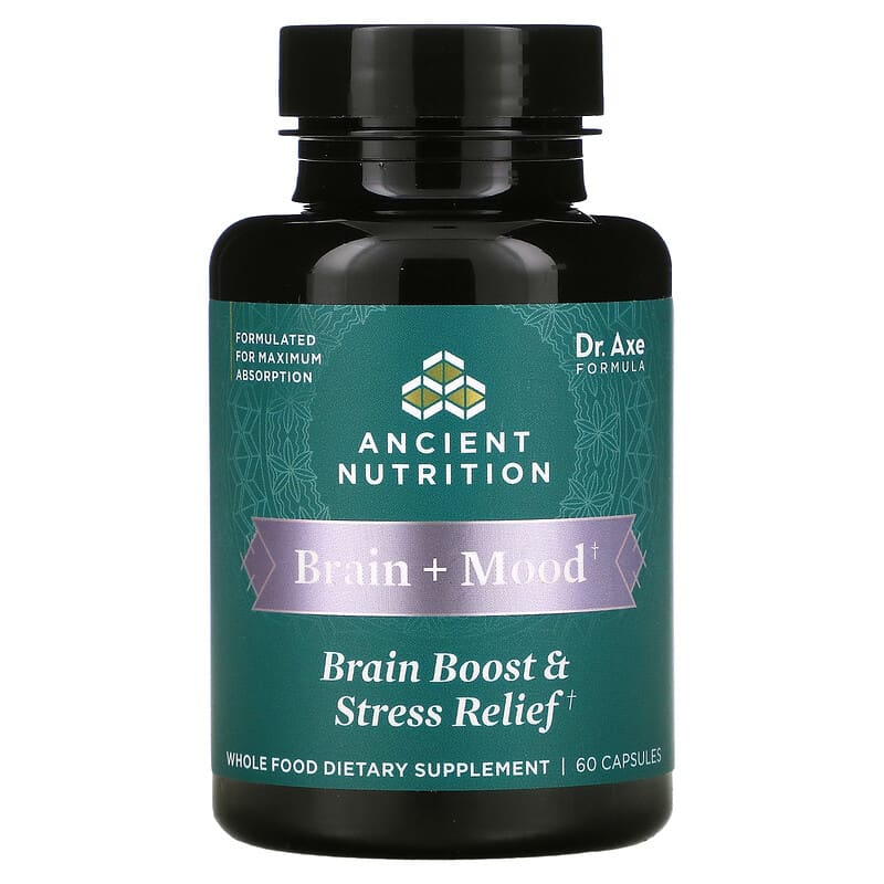 Dr. Axe/Ancient Nutrition Brain + Mood Brain Boost & Stress Relief 60 Capsules 816401025555
