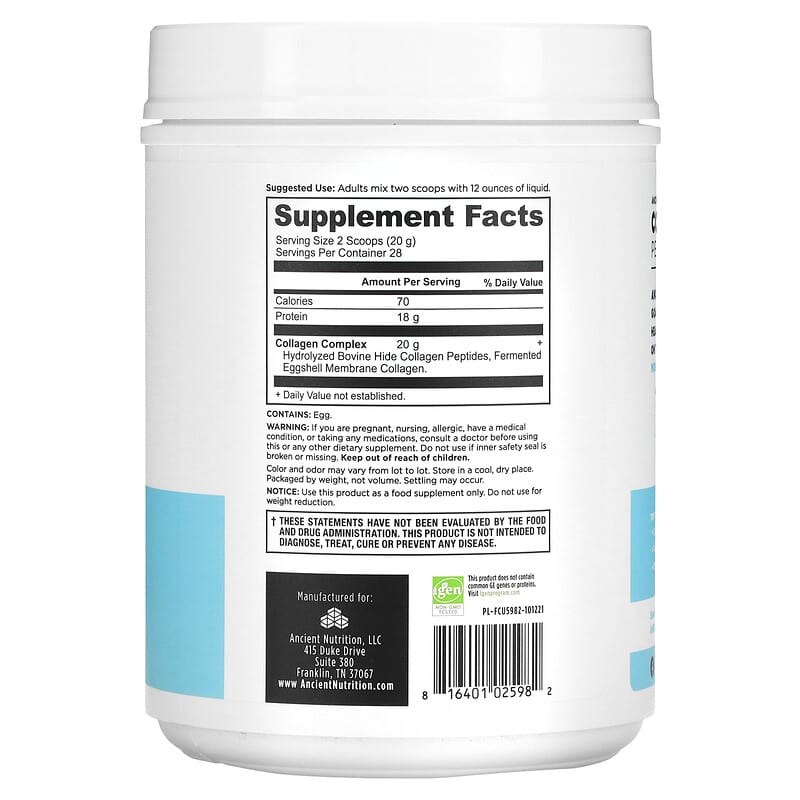 Dr. Axe / Ancient Nutrition, Collagen Peptides, Unflavored, 19.8 oz (560 g) 816401025982