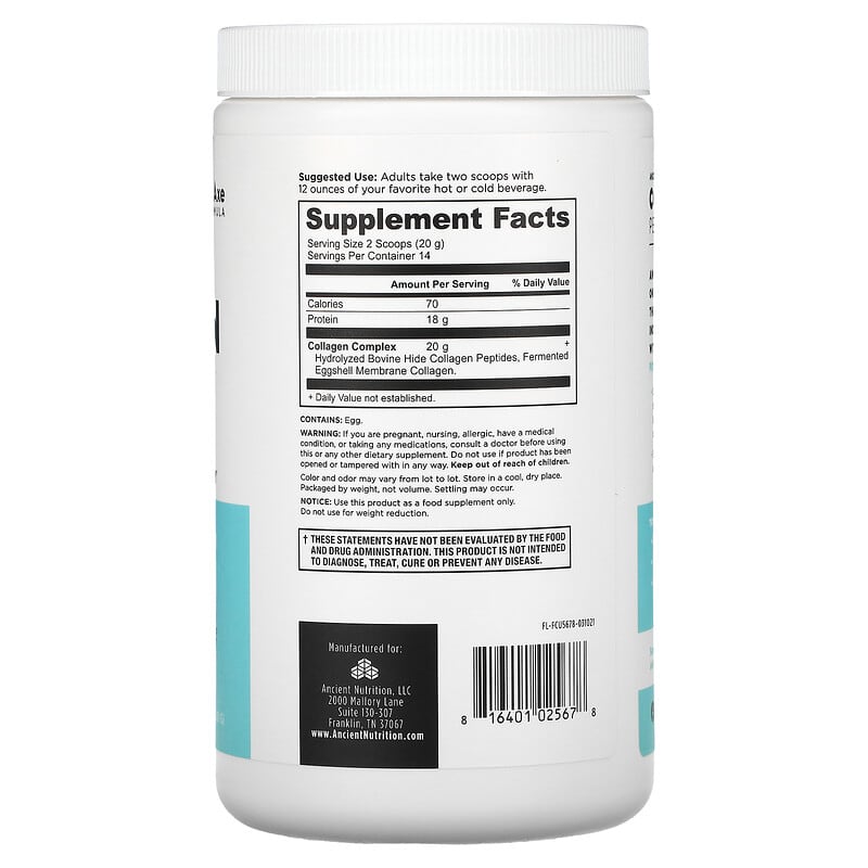 Dr. Axe / Ancient Nutrition, Collagen Peptides, Unflavored, 9.88 oz (280 g) 816401025678
