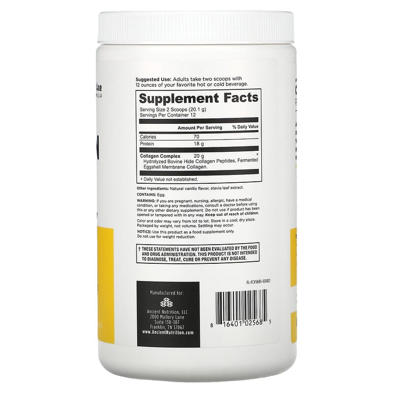 Dr. Axe / Ancient Nutrition, Collagen Peptides, Vanilla, 8.51 oz (241.2 g) 816401025685