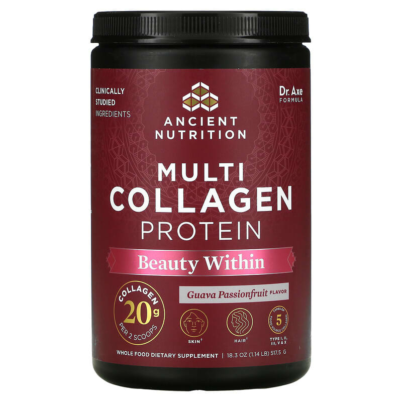 Dr. Axe/Ancient Nutrition Multi Collagen Protein Beauty Within Guava Passionfruit 1.14 lb (517.5 g) 816401024657
