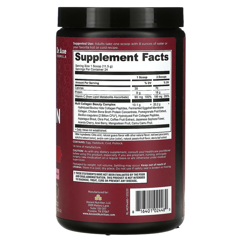 Dr. Axe / Ancient Nutrition, Multi Collagen Protein, Beauty Within, Guava Passionfruit , 9.74 oz (276 g) 816401024480